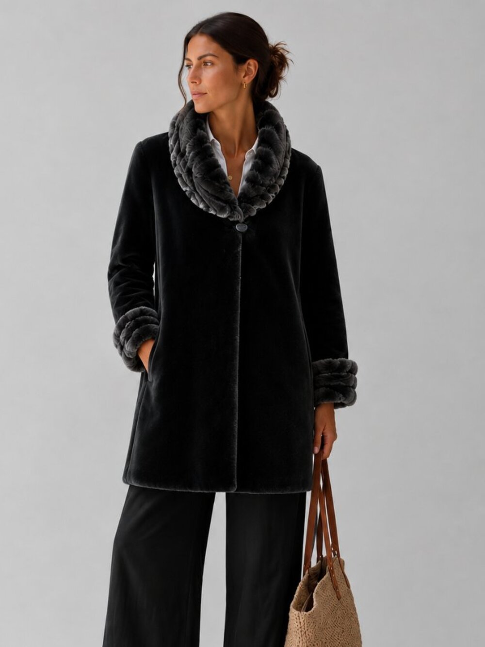 EUC brown plush faux fur coat, w. contrasting grey fur cuffs and collar